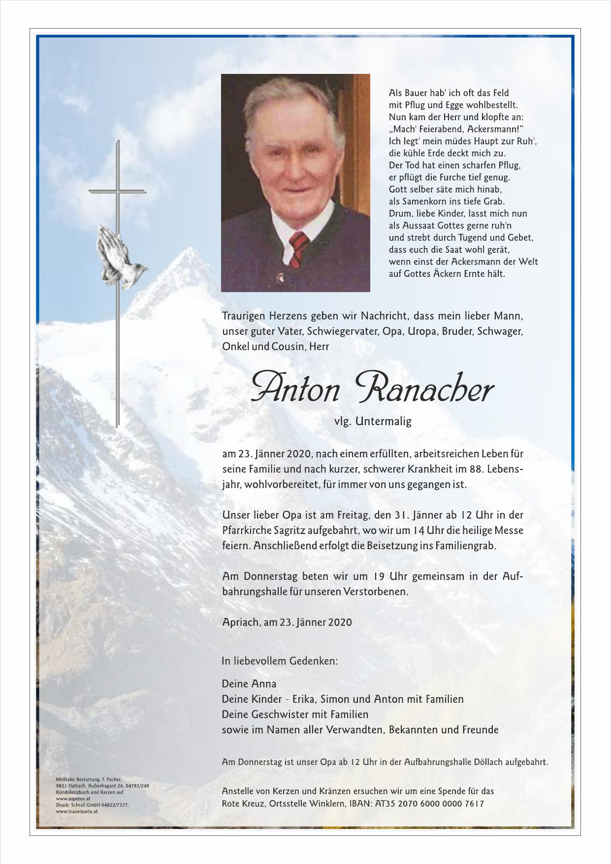 Traueranzeige von Anton Ranacher
