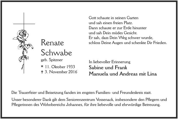 Traueranzeige von Renate Schwabe