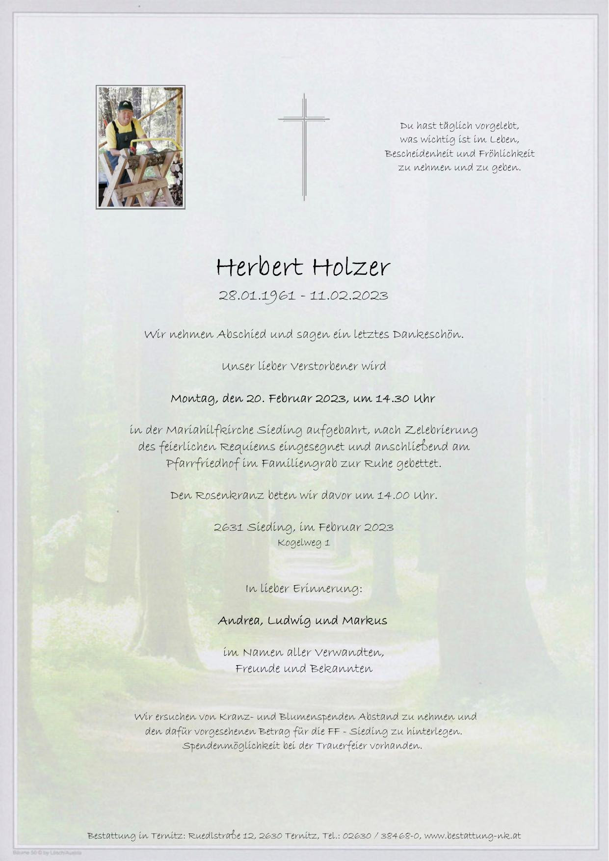 Traueranzeige von Herbert Holzer