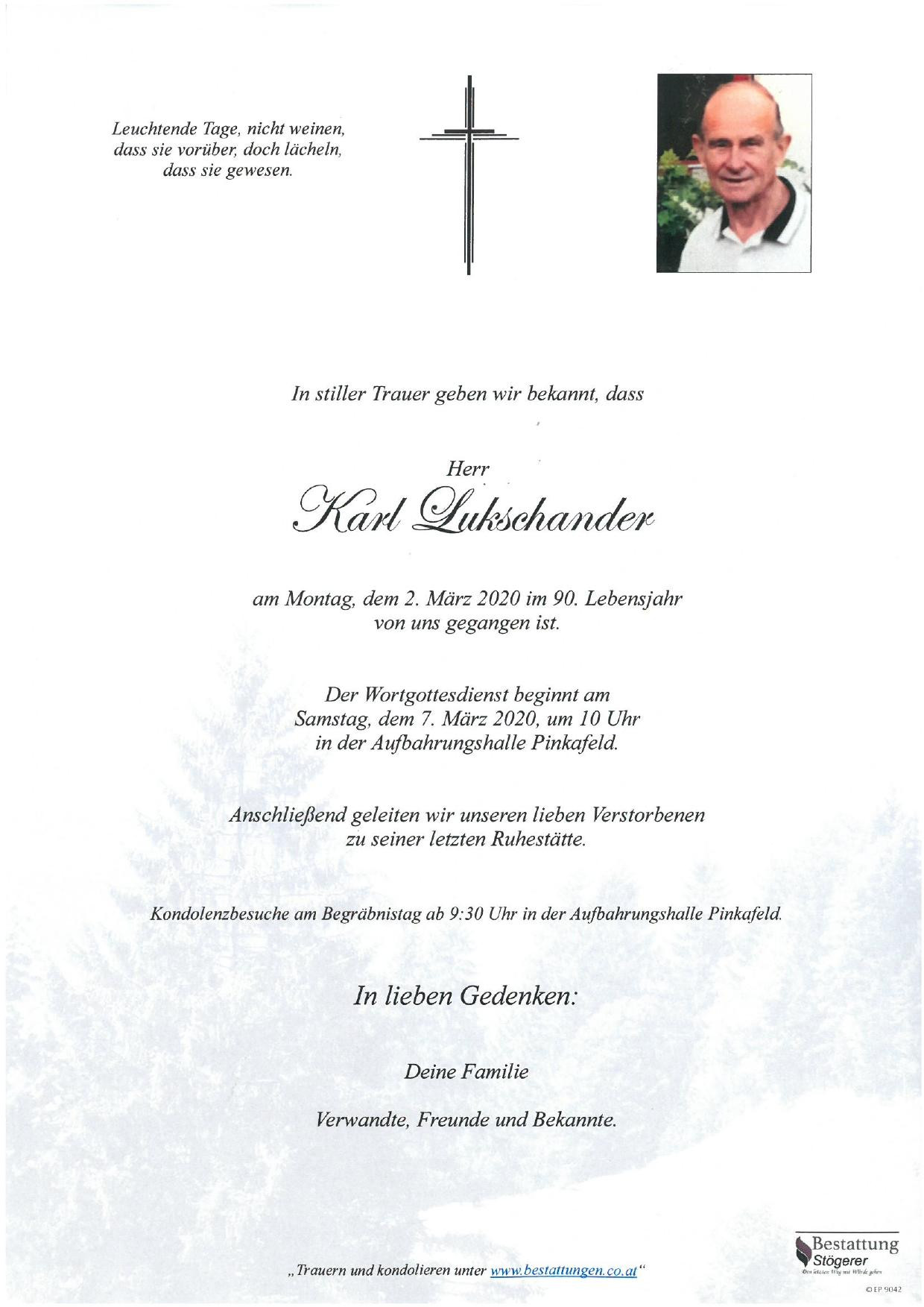 Traueranzeige von Karl Lukschander