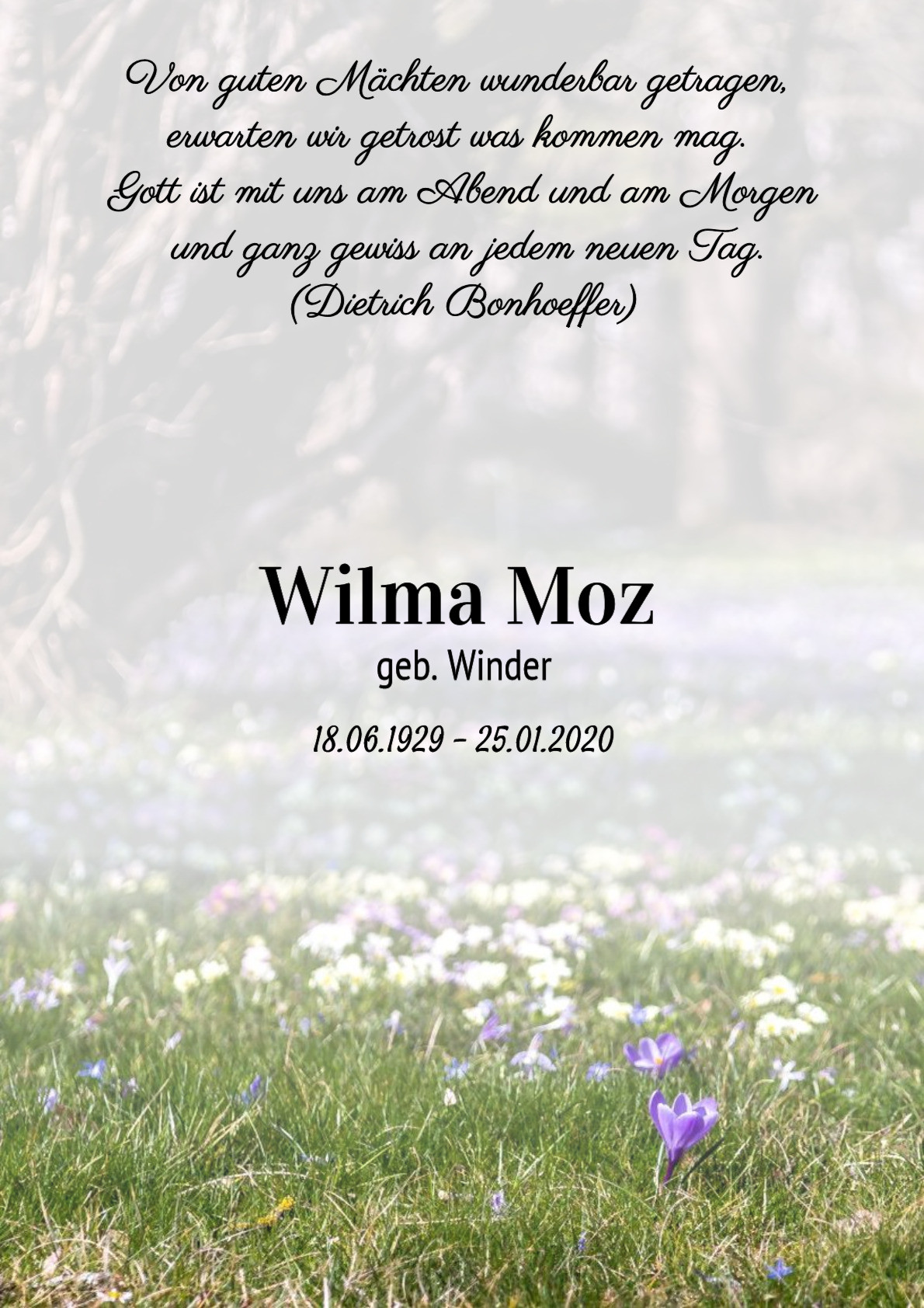 Traueranzeige von Wilma Moz