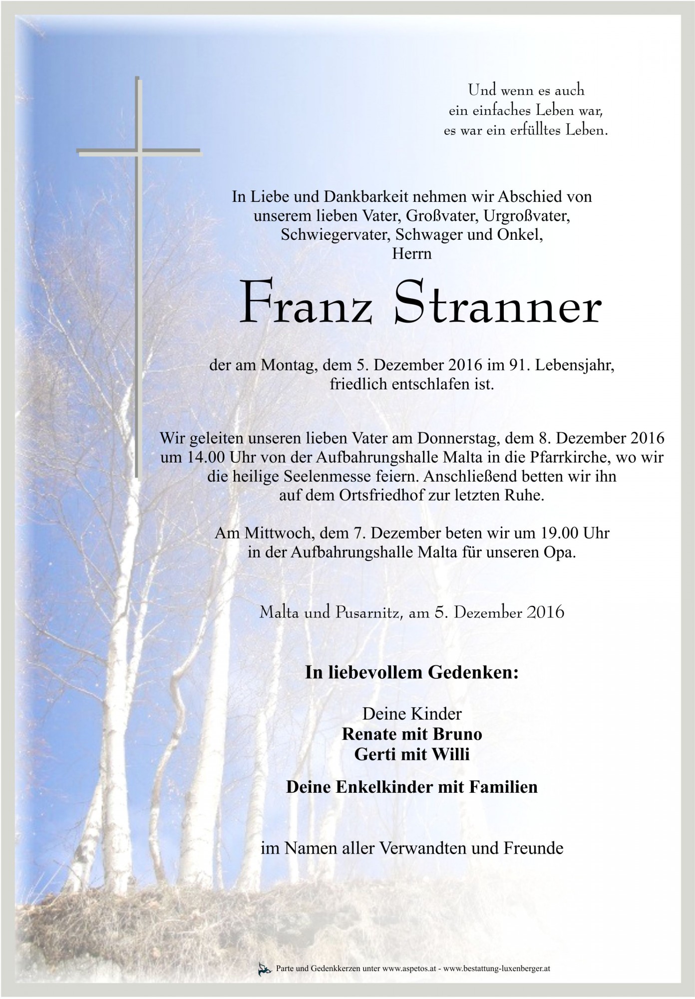 Traueranzeige von Franz Stranner