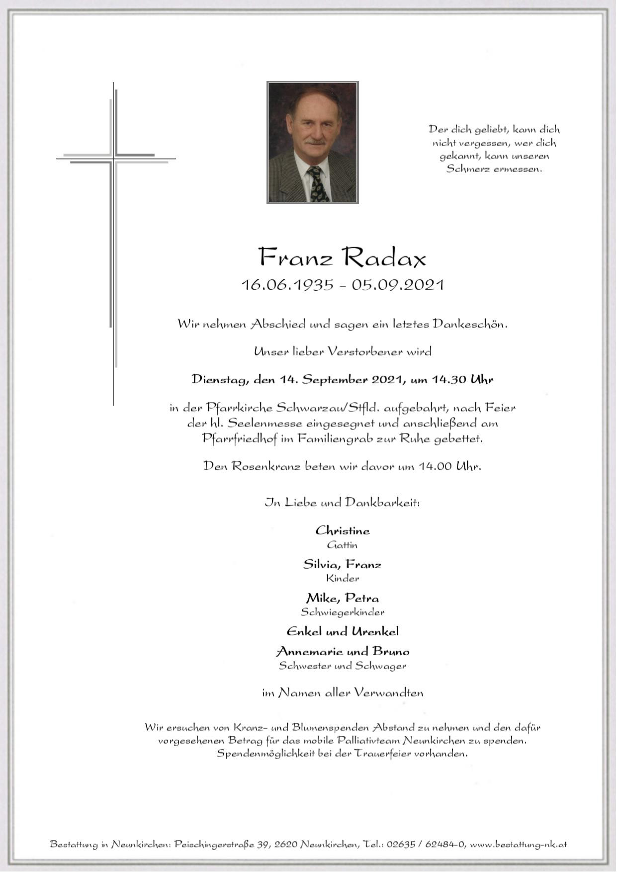 Traueranzeige von Franz Radax