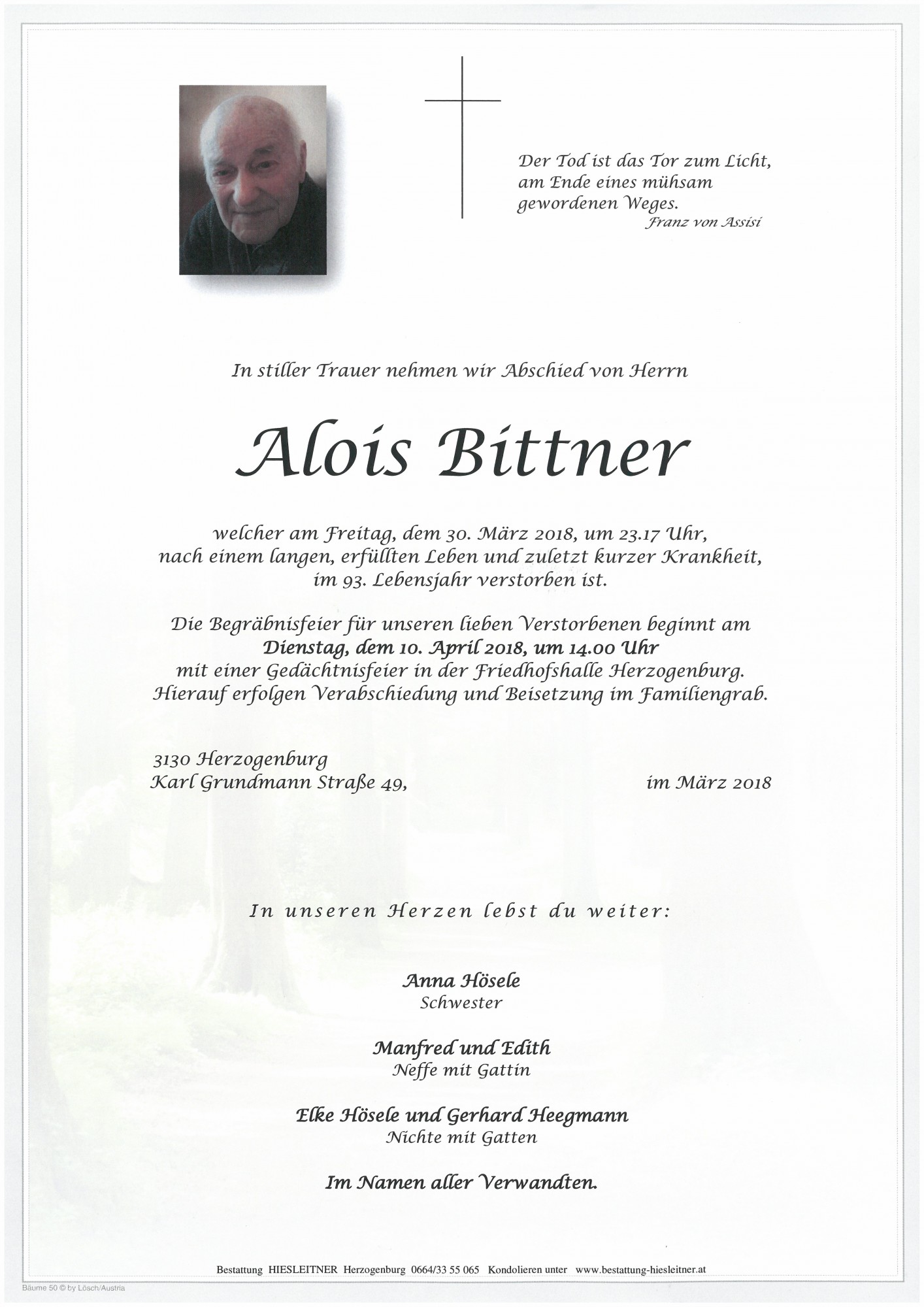Traueranzeige von Alois Bittner