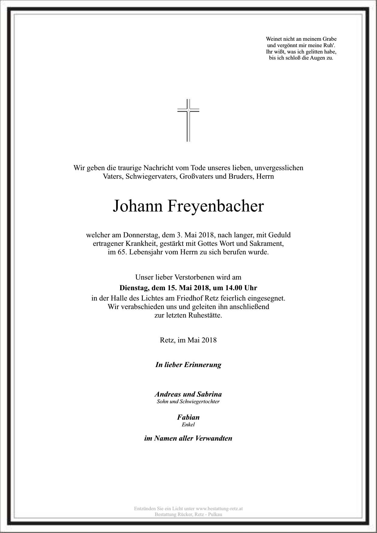 Traueranzeige von Johann Freyenbacher