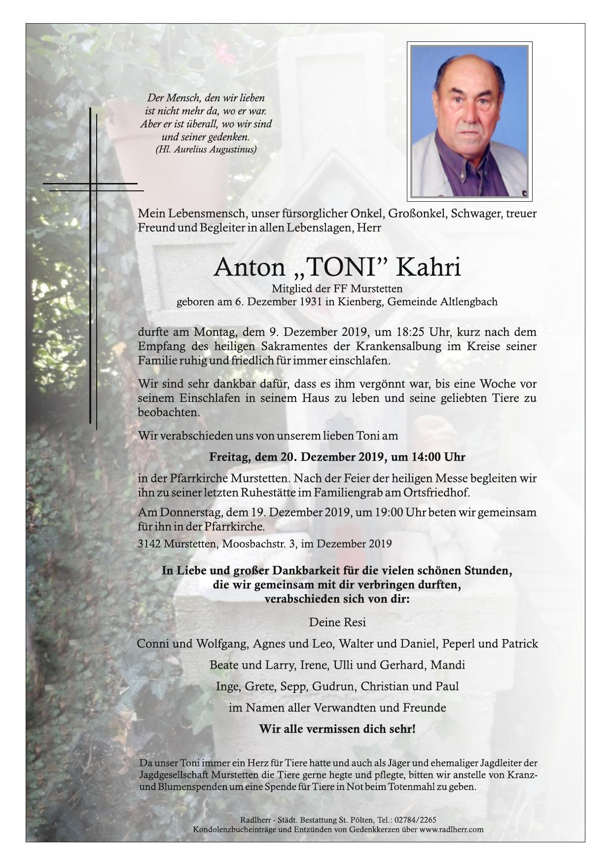 Traueranzeige von Anton Kahri