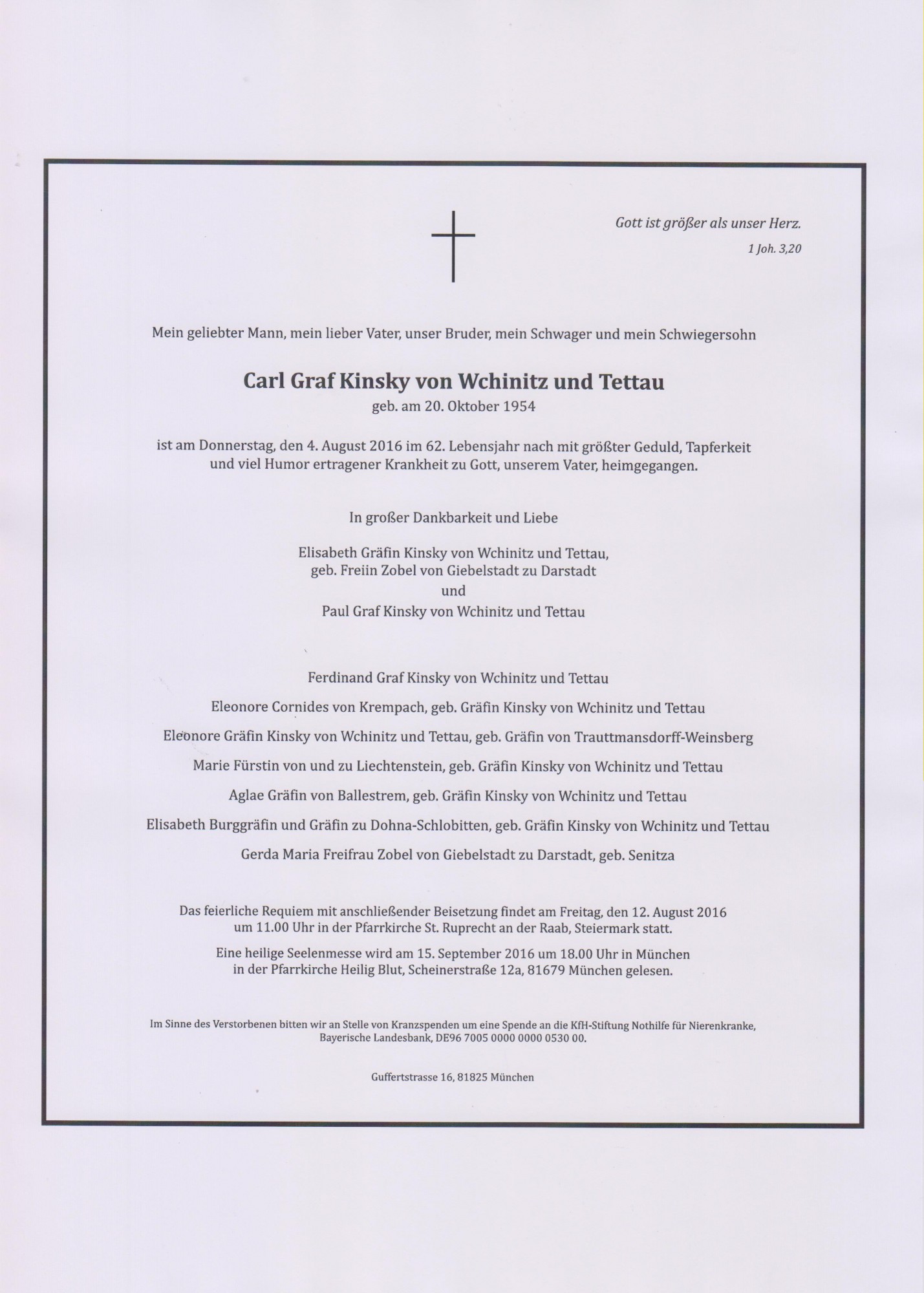 Traueranzeige von Carl Graf Kinsky von Wchinitz und Tettau