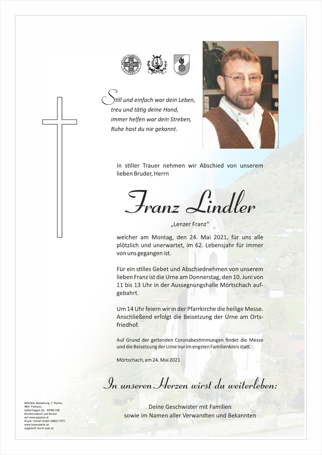 Traueranzeige von Franz Lindler