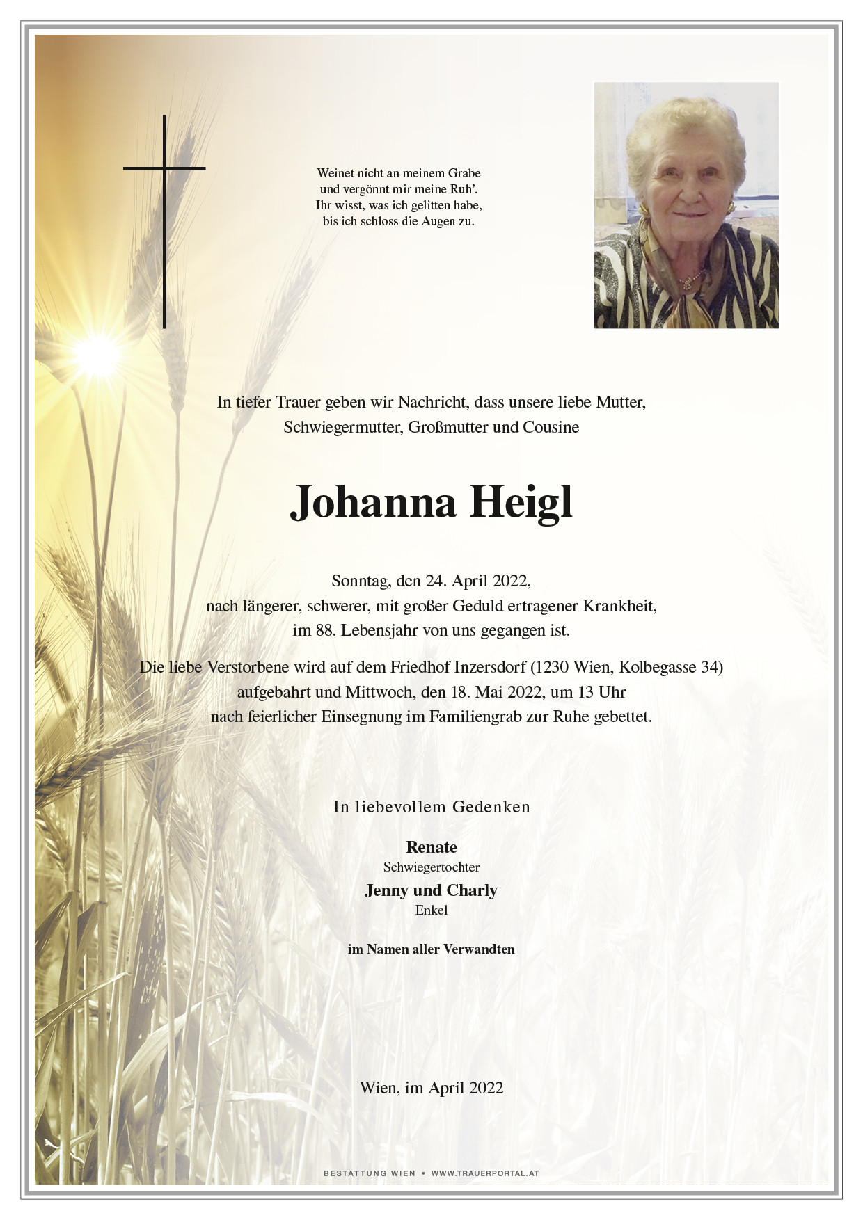 Traueranzeige von Johanna Heigl