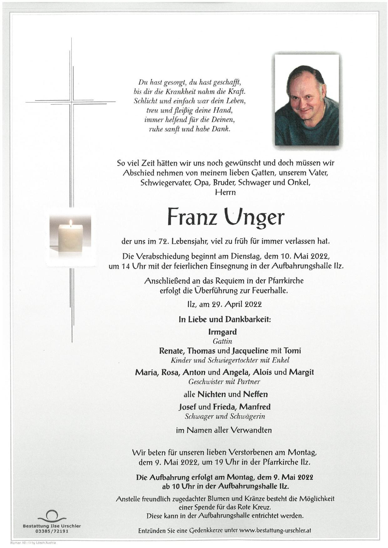 Traueranzeige von Franz Unger