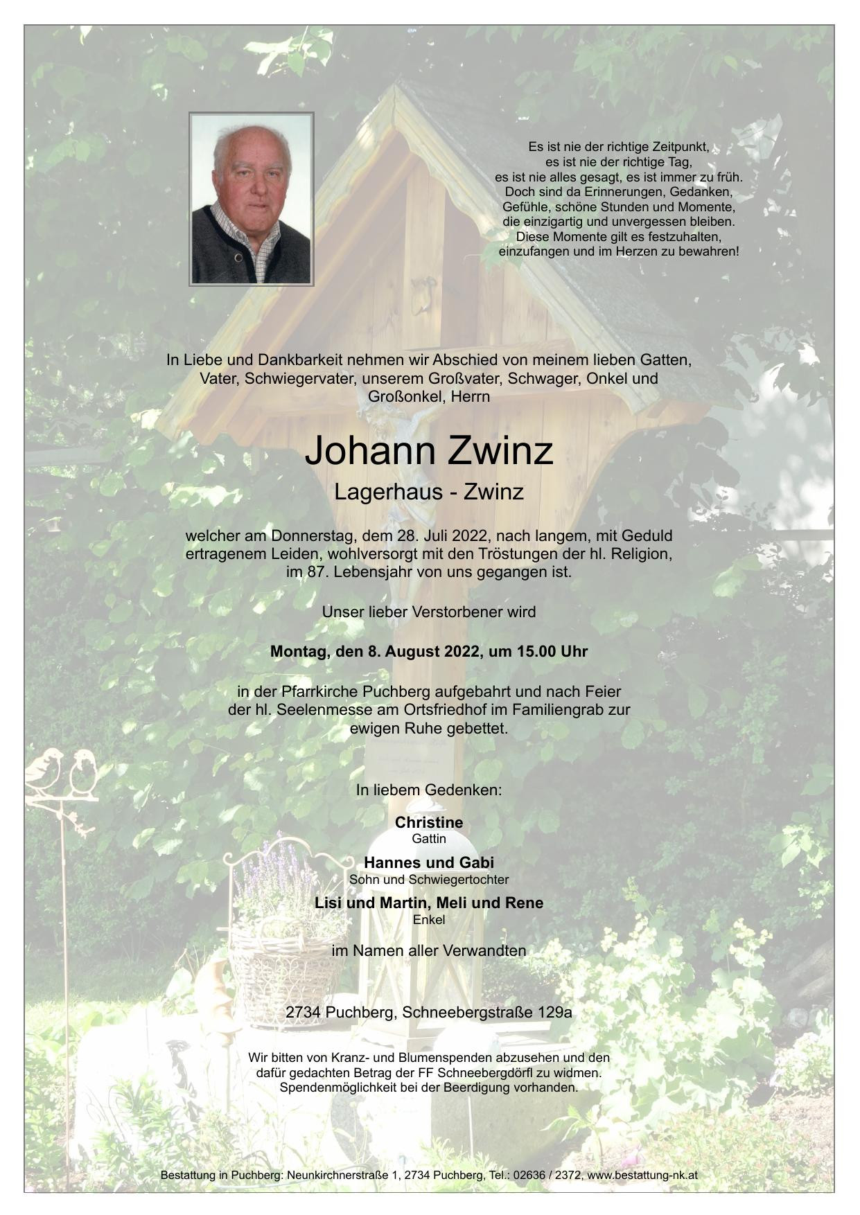 Traueranzeige von Johann Zwinz