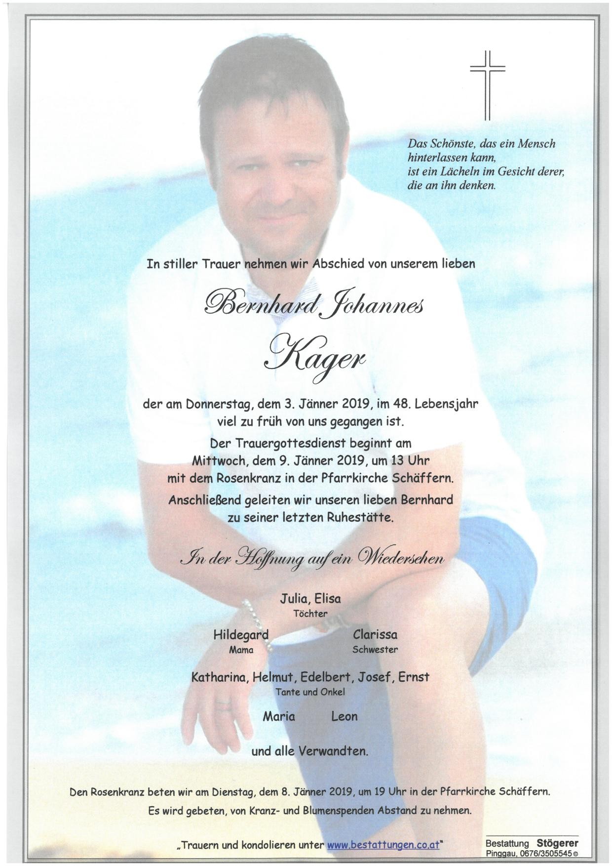 Traueranzeige von Bernhard Johannes Kager
