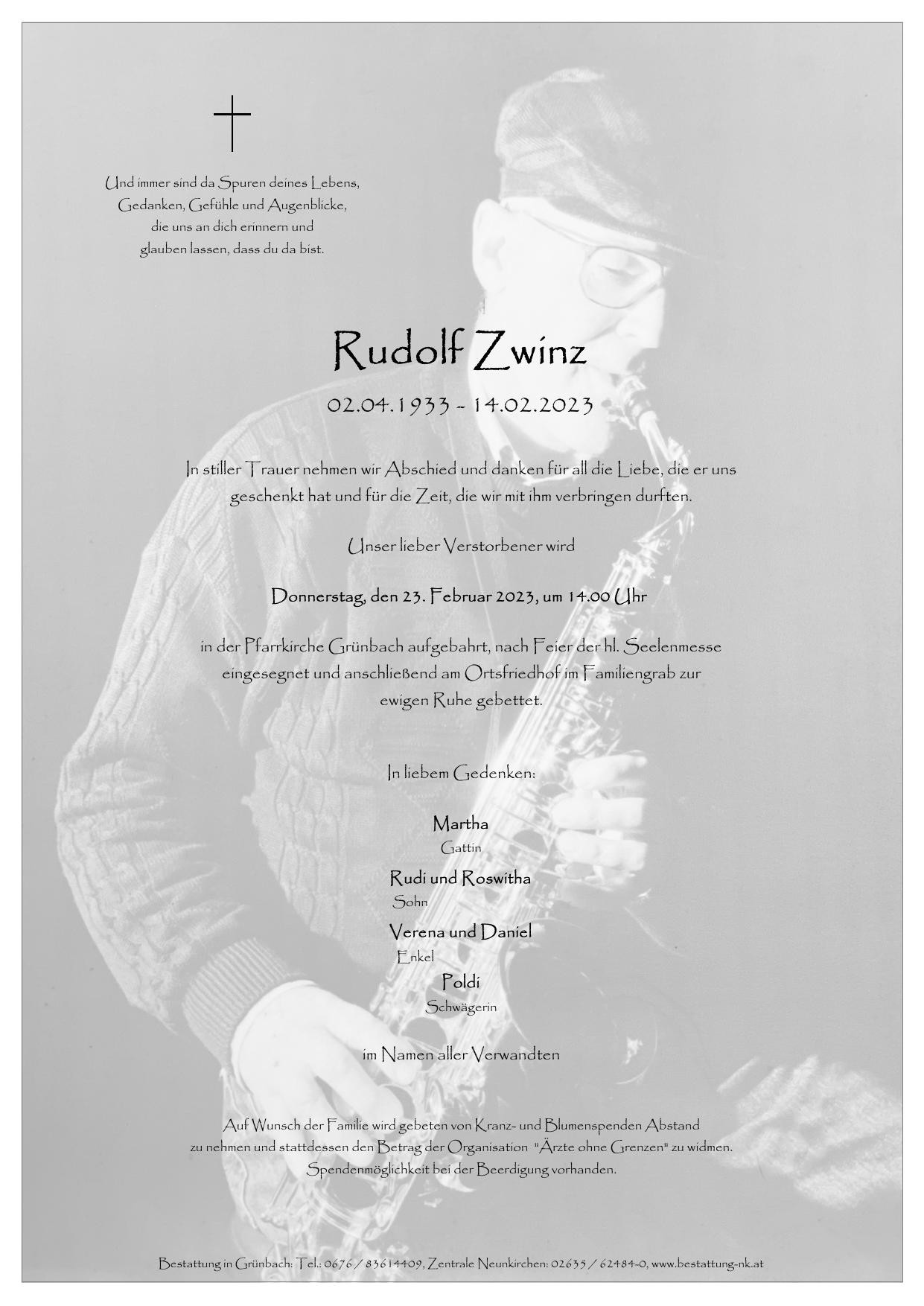 Traueranzeige von Rudolf Zwinz