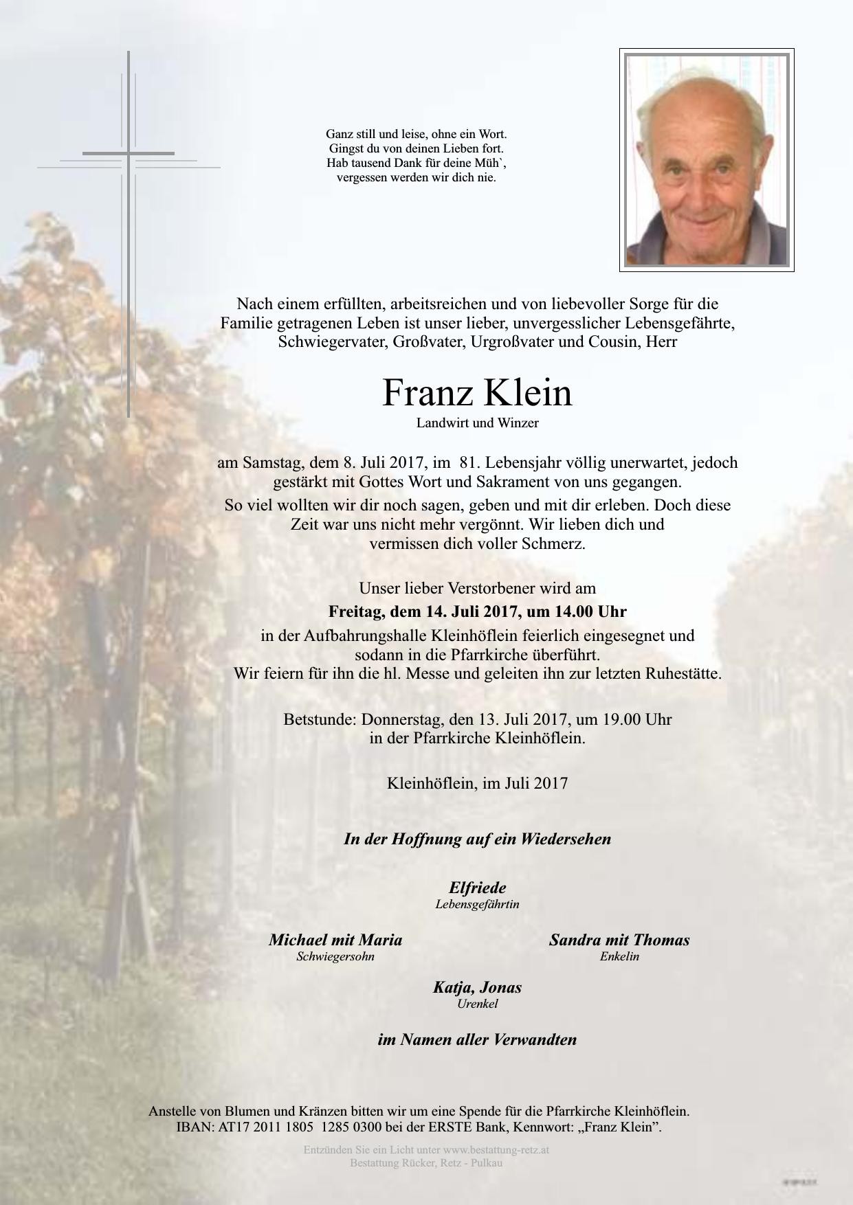 Traueranzeige von Franz Klein