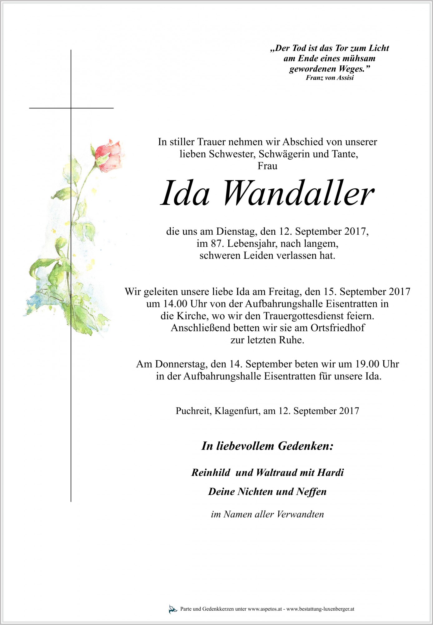 Traueranzeige von Ida Wandaller