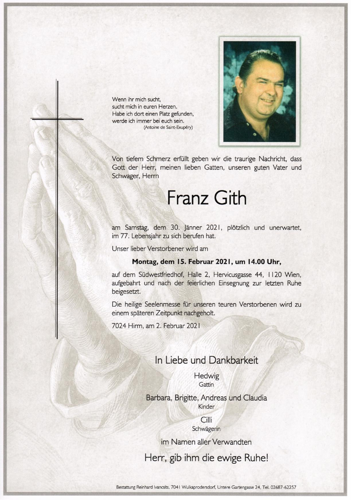 Traueranzeige von Franz Gith
