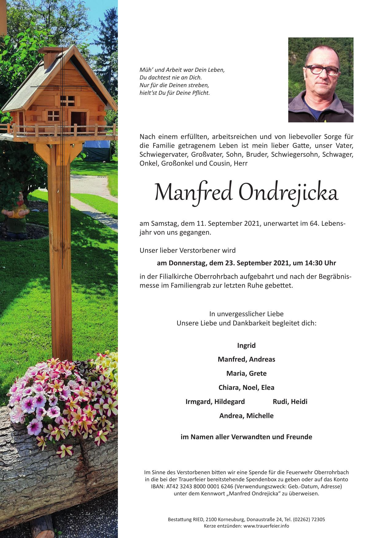 Traueranzeige von Manfred Ondrejicka