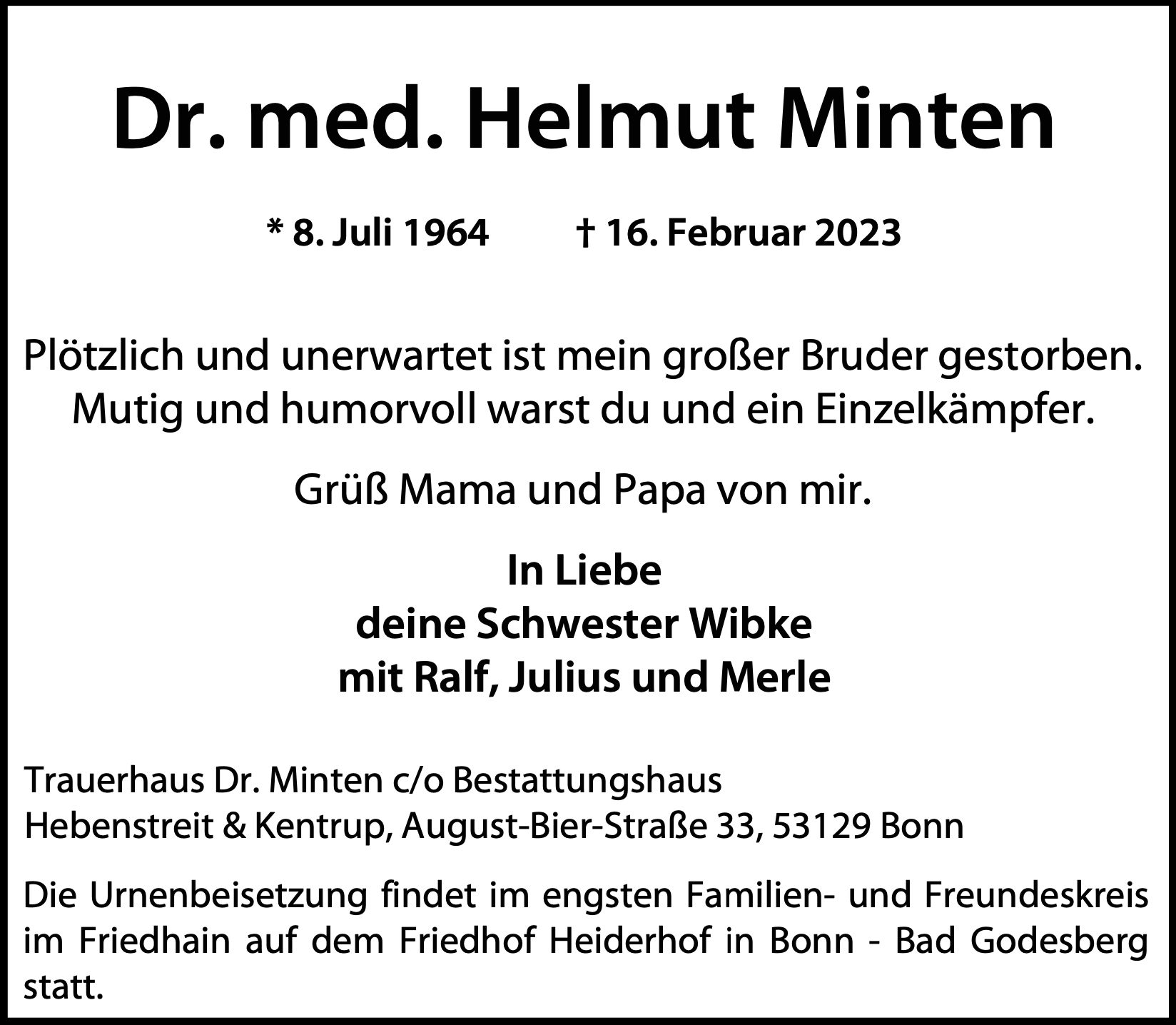 Traueranzeige von Dr. med. Helmut Minten
