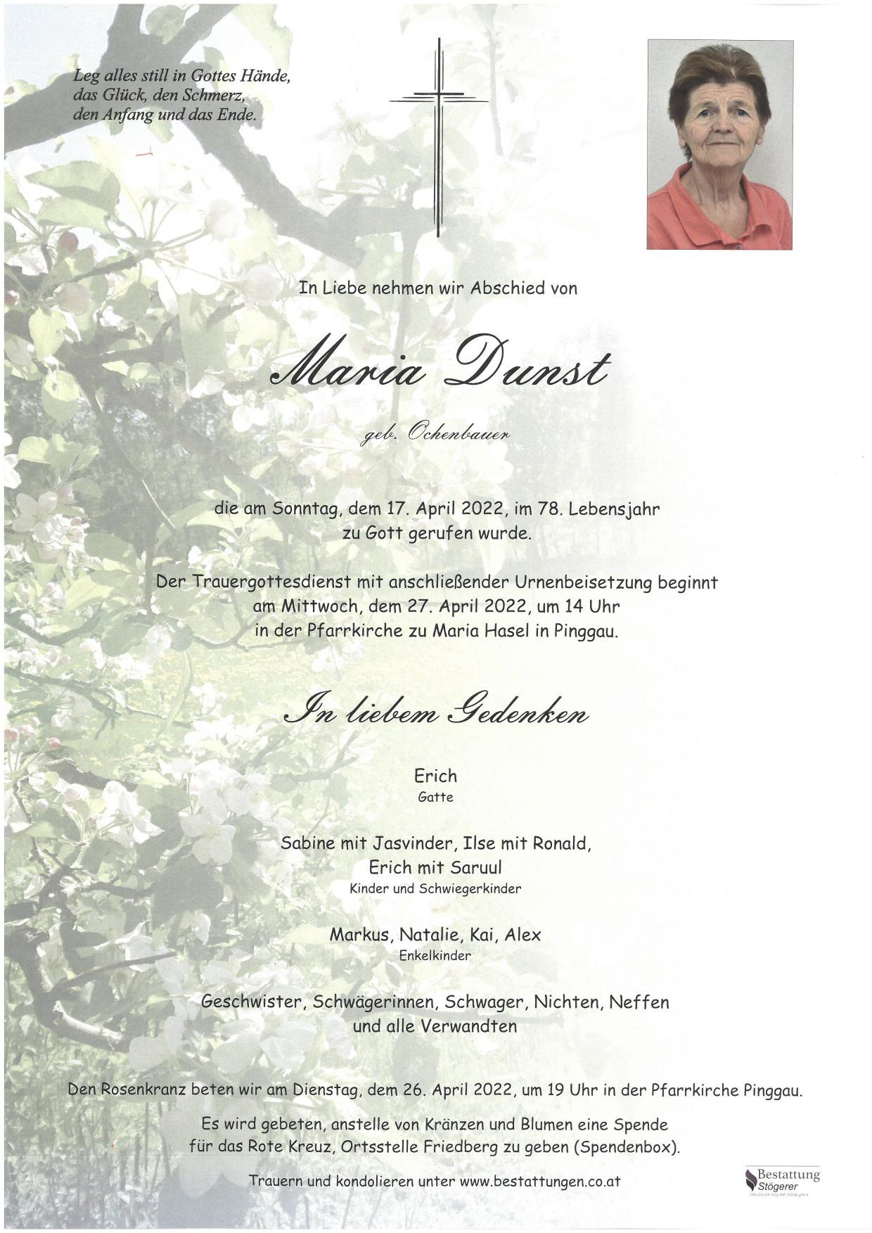 Traueranzeige von Maria Dunst