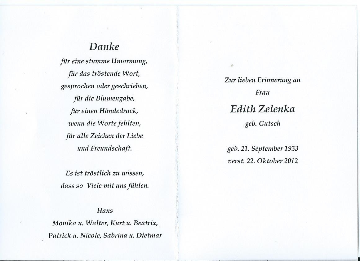 Traueranzeige von Edith Zelenka