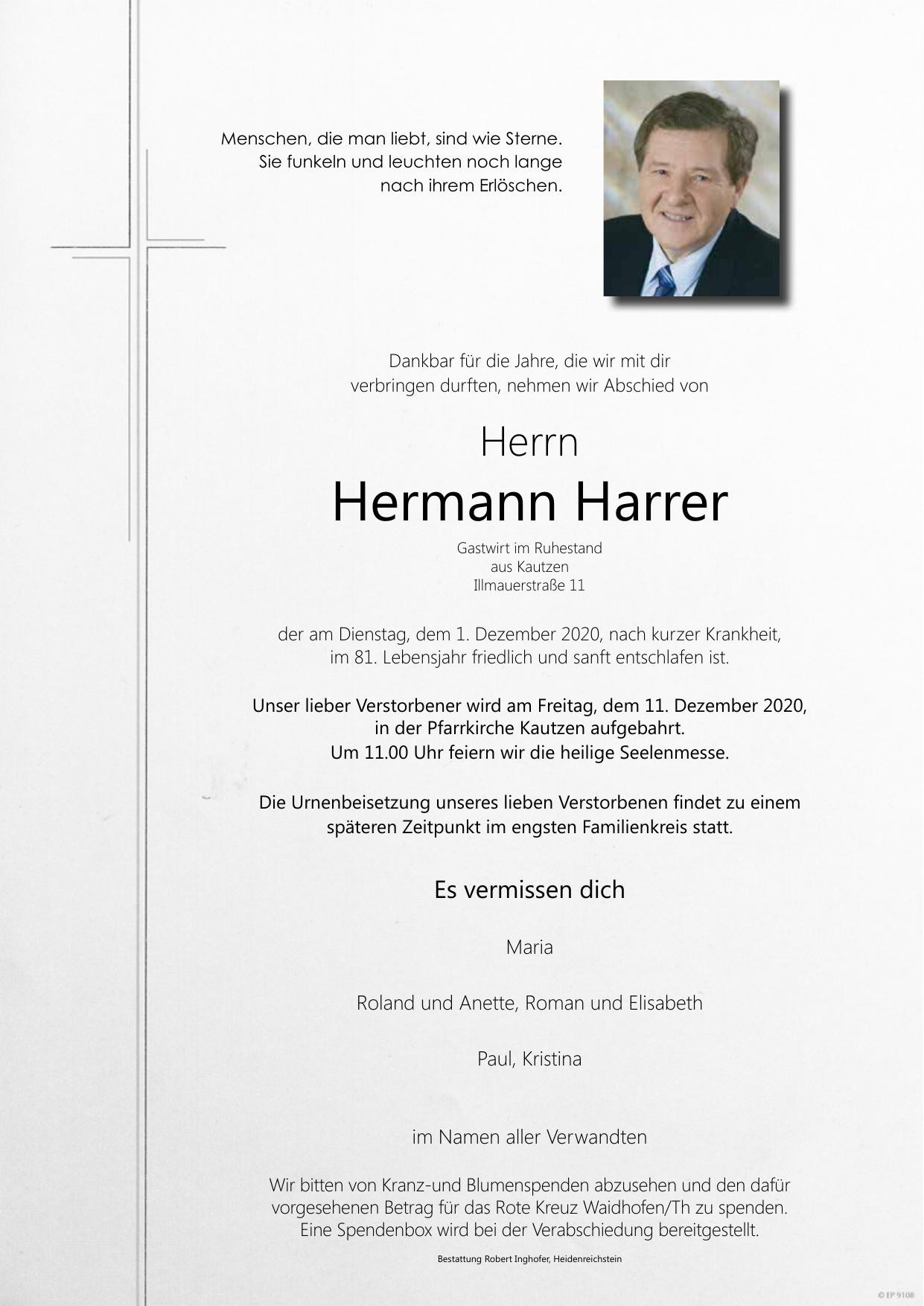 Traueranzeige von Hermann Harrer