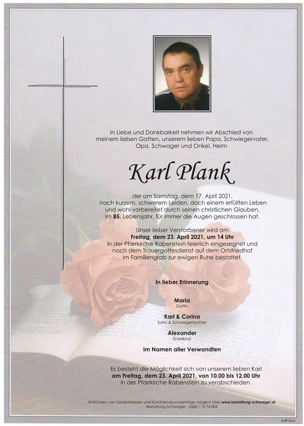 Traueranzeige von Karl Plank