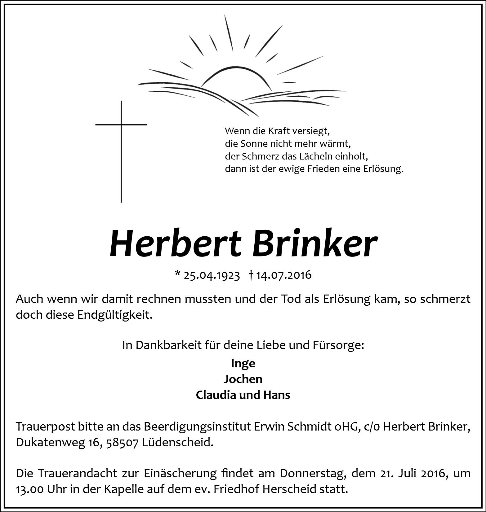 Traueranzeige von Herbert Brinker