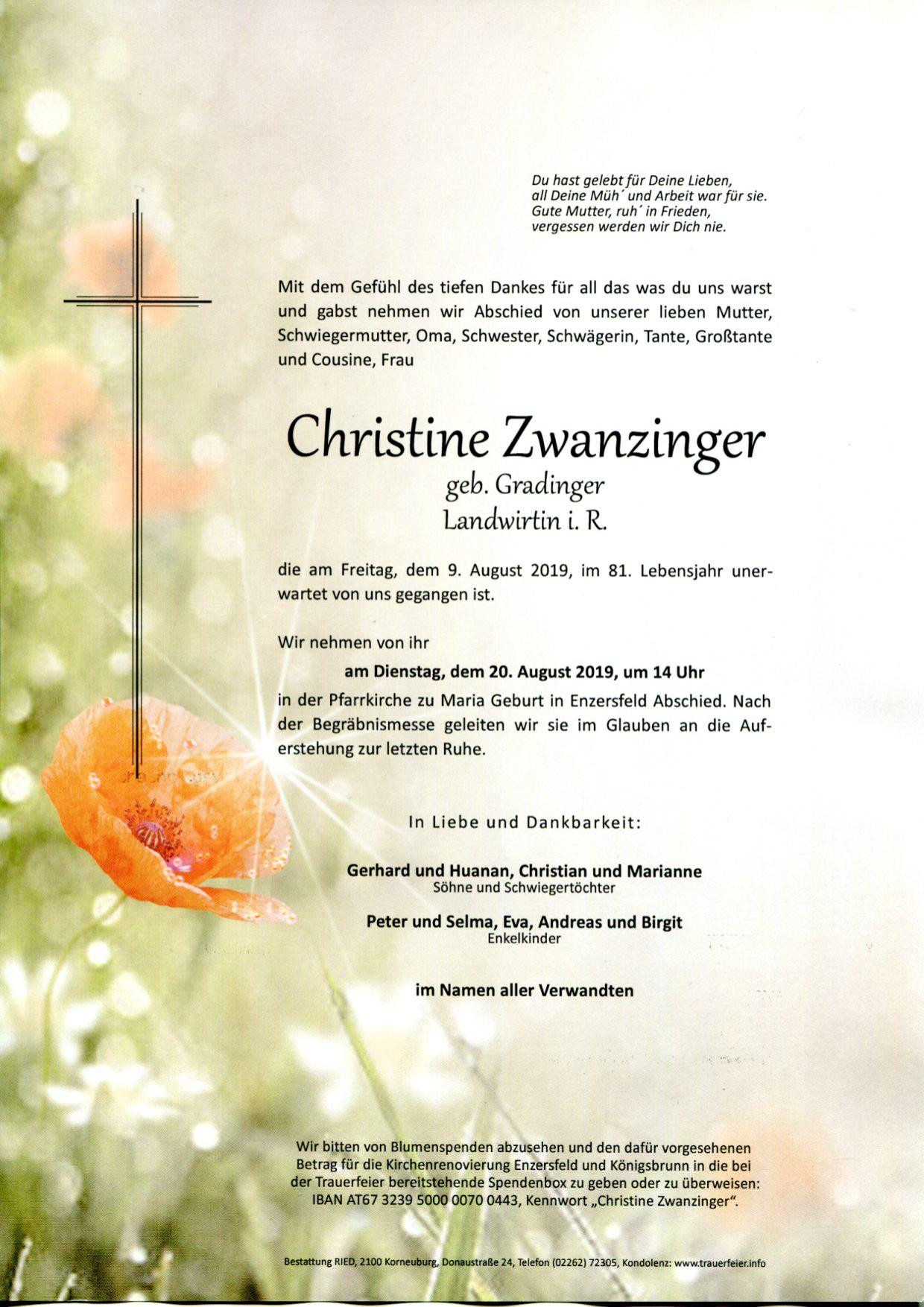 Traueranzeige von Christine Zwanzinger