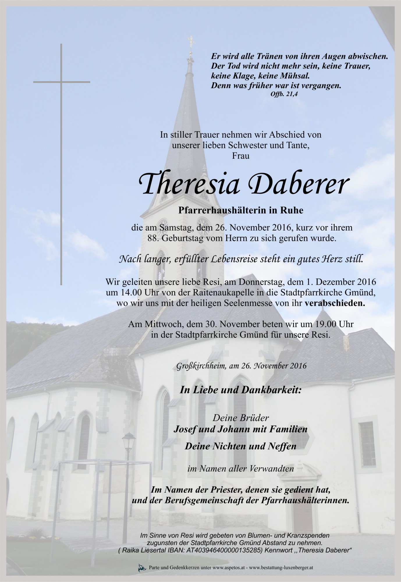 Traueranzeige von Theresia Daberer