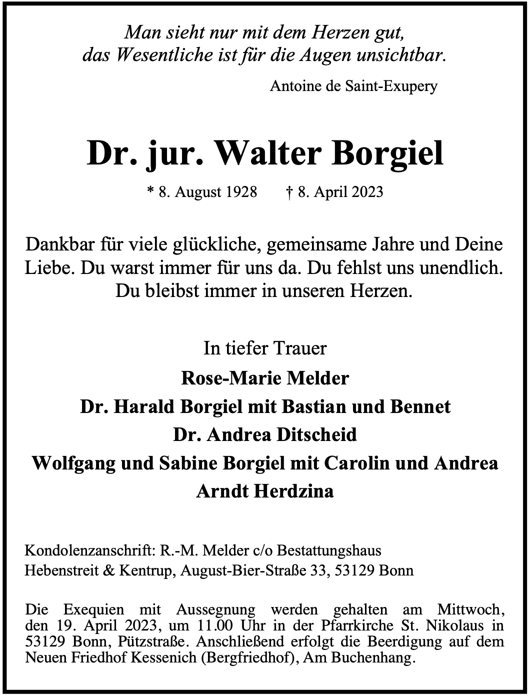 Traueranzeige von Dr. jur. Walter Borgiel