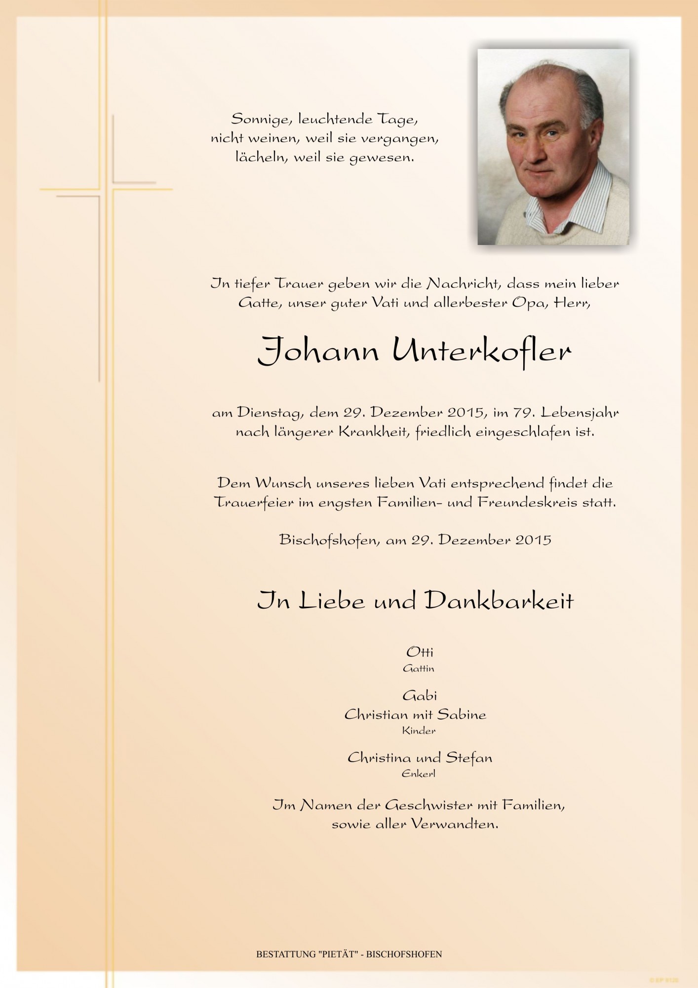 Traueranzeige von Johann Unterkofler
