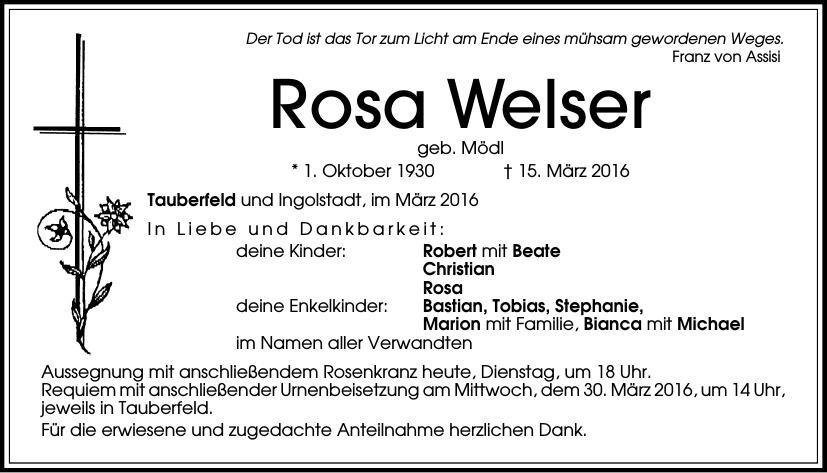 Traueranzeige von Rosa Welser