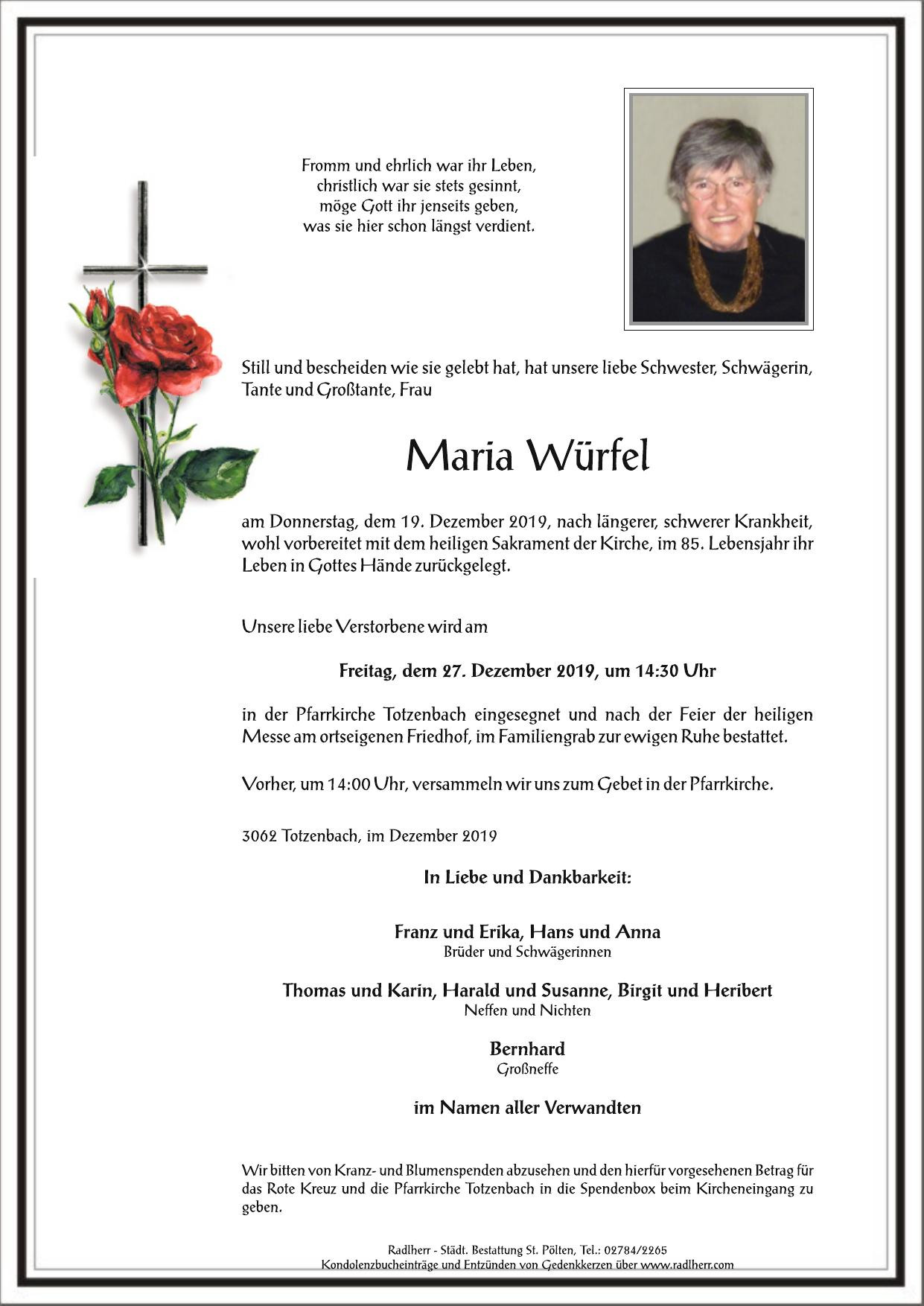 Traueranzeige von Maria Würfel