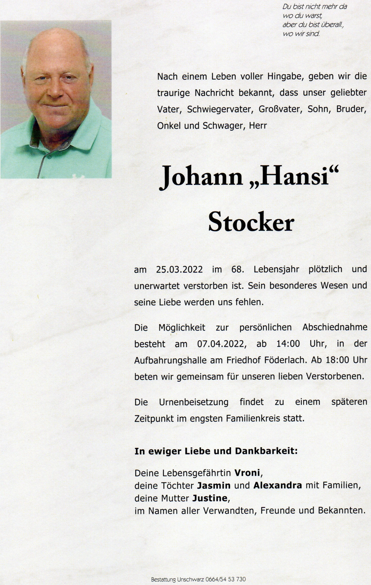 Traueranzeige von Johann Stocker
