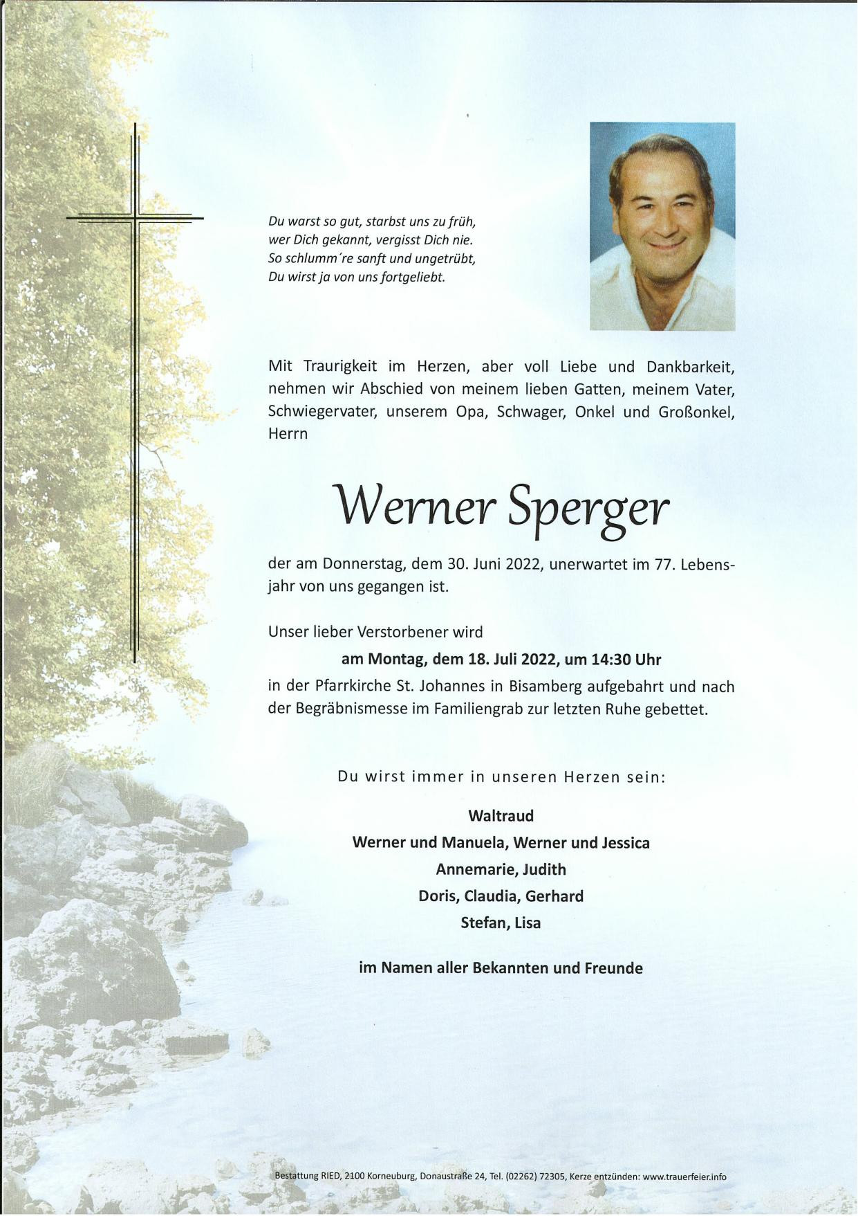 Traueranzeige von Werner Sperger