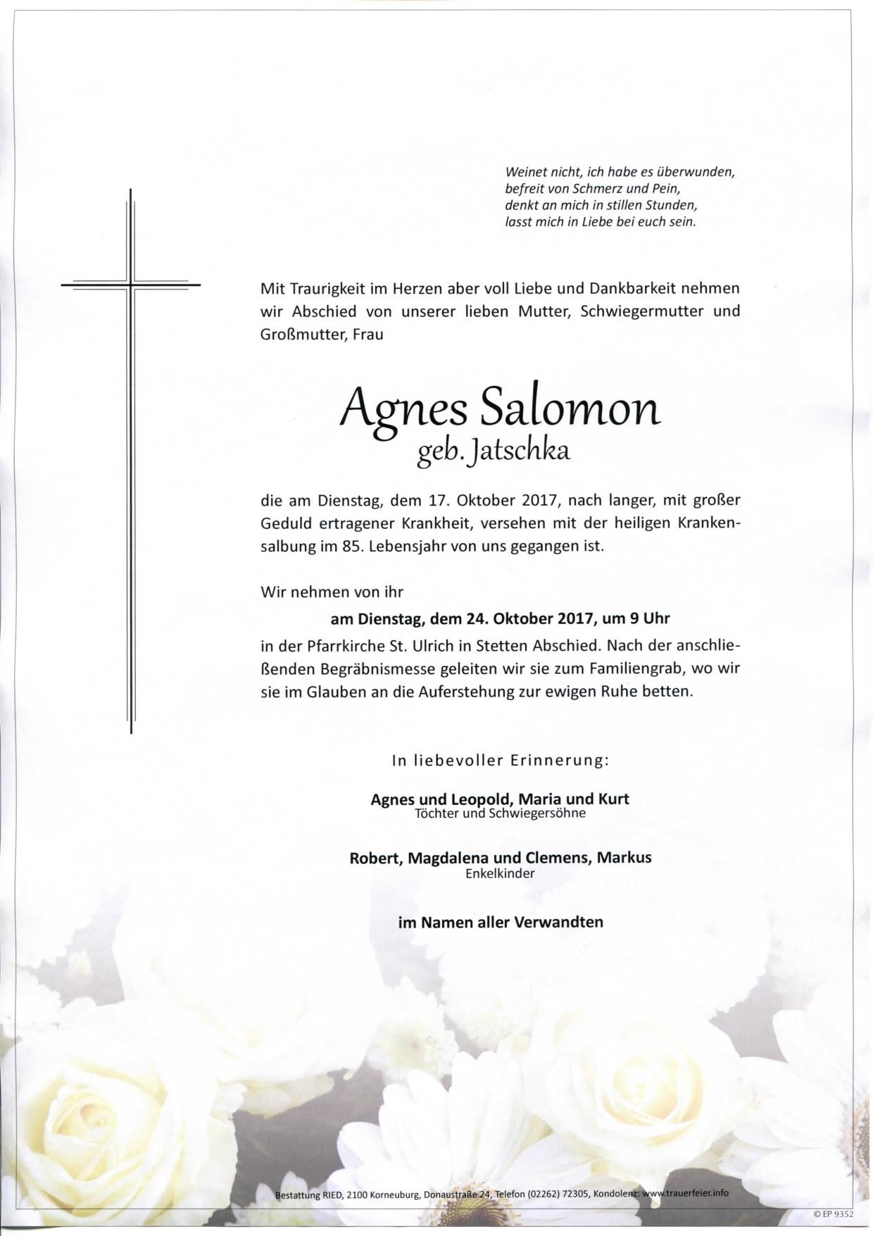 Traueranzeige von Agnes Salomon