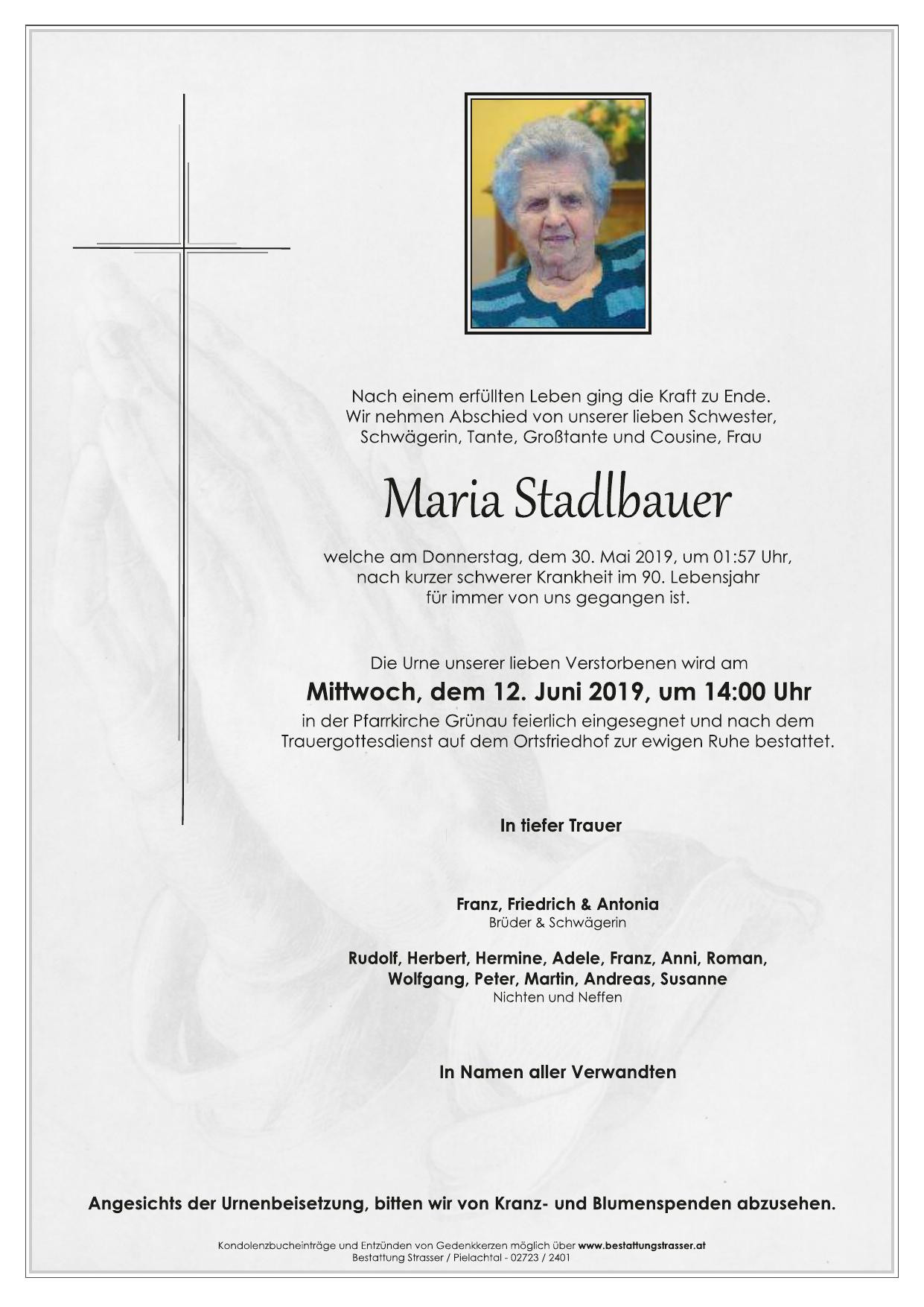 Traueranzeige von Maria Stadlbauer