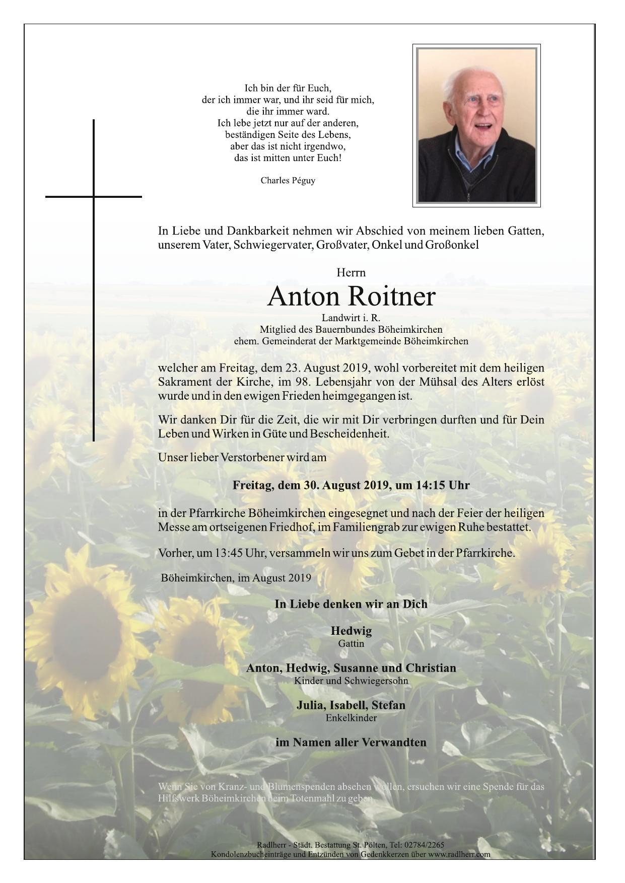 Traueranzeige von Anton Roitner