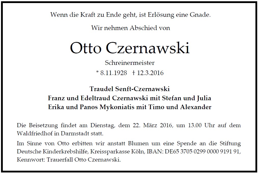 Traueranzeige von Otto Czernawski