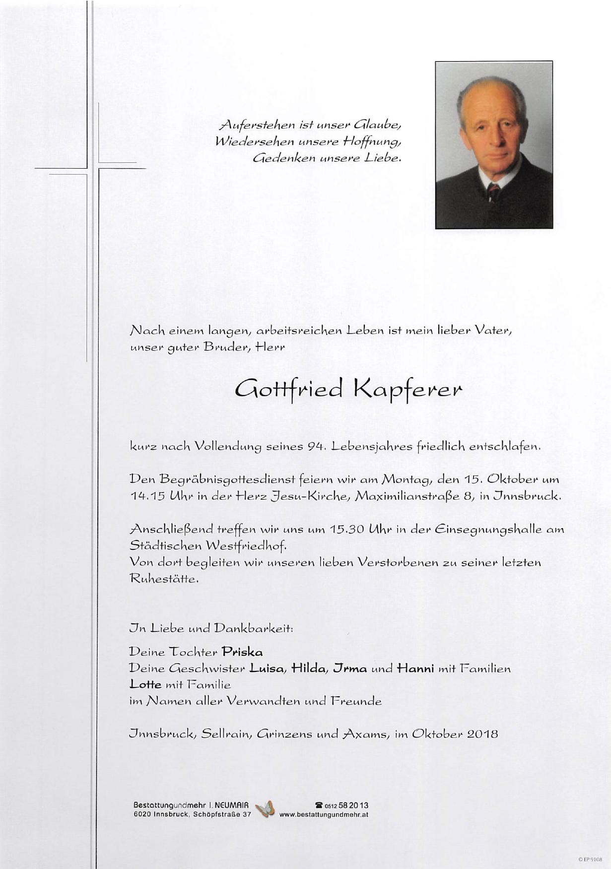 Traueranzeige von Gottfried Kapferer
