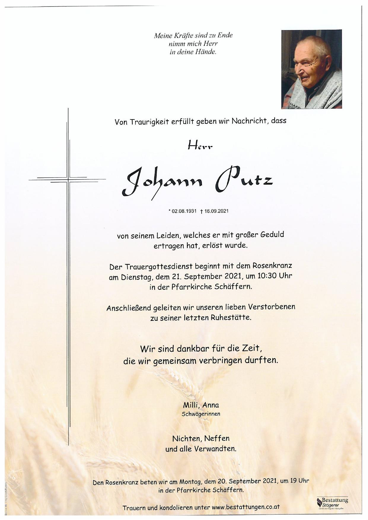 Traueranzeige von Johann Putz