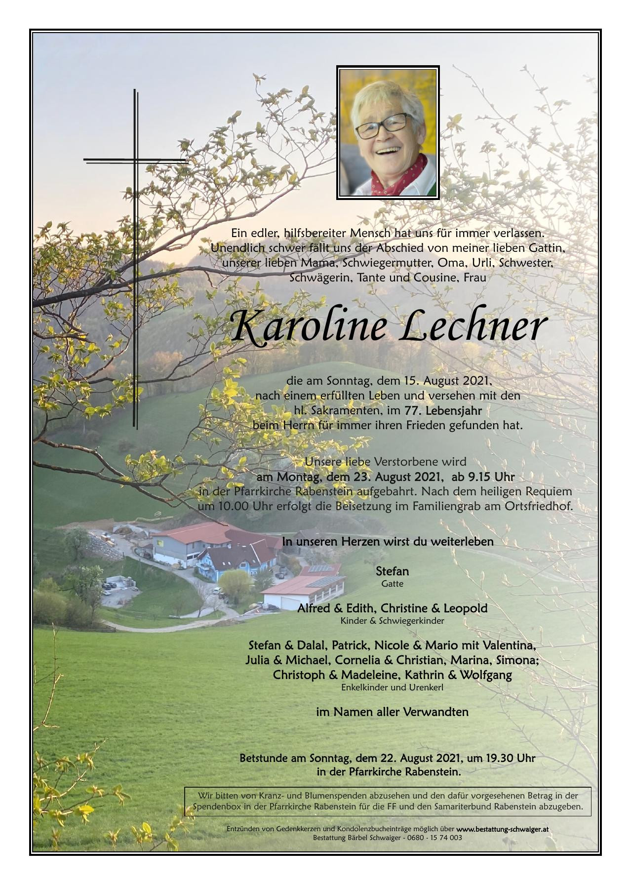 Traueranzeige von Karoline Lechner