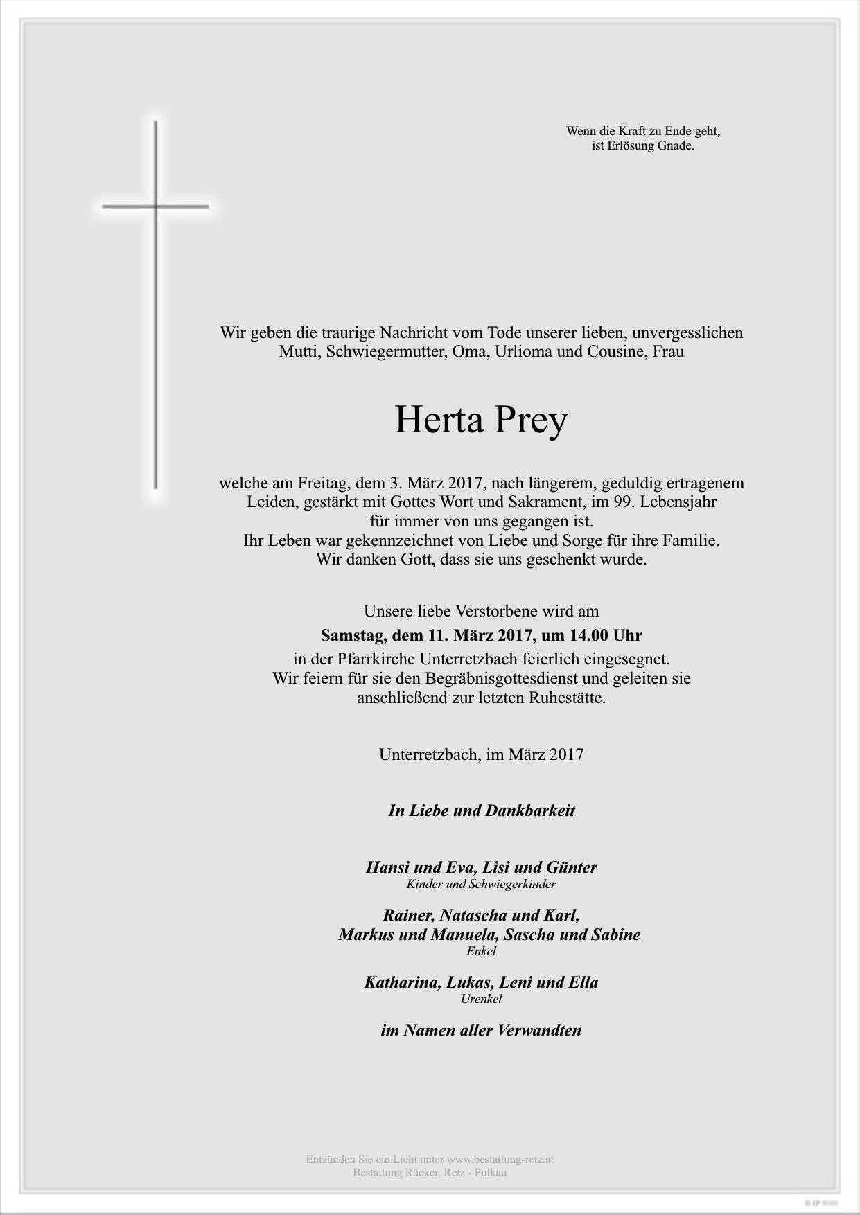 Traueranzeige von Herta Prey
