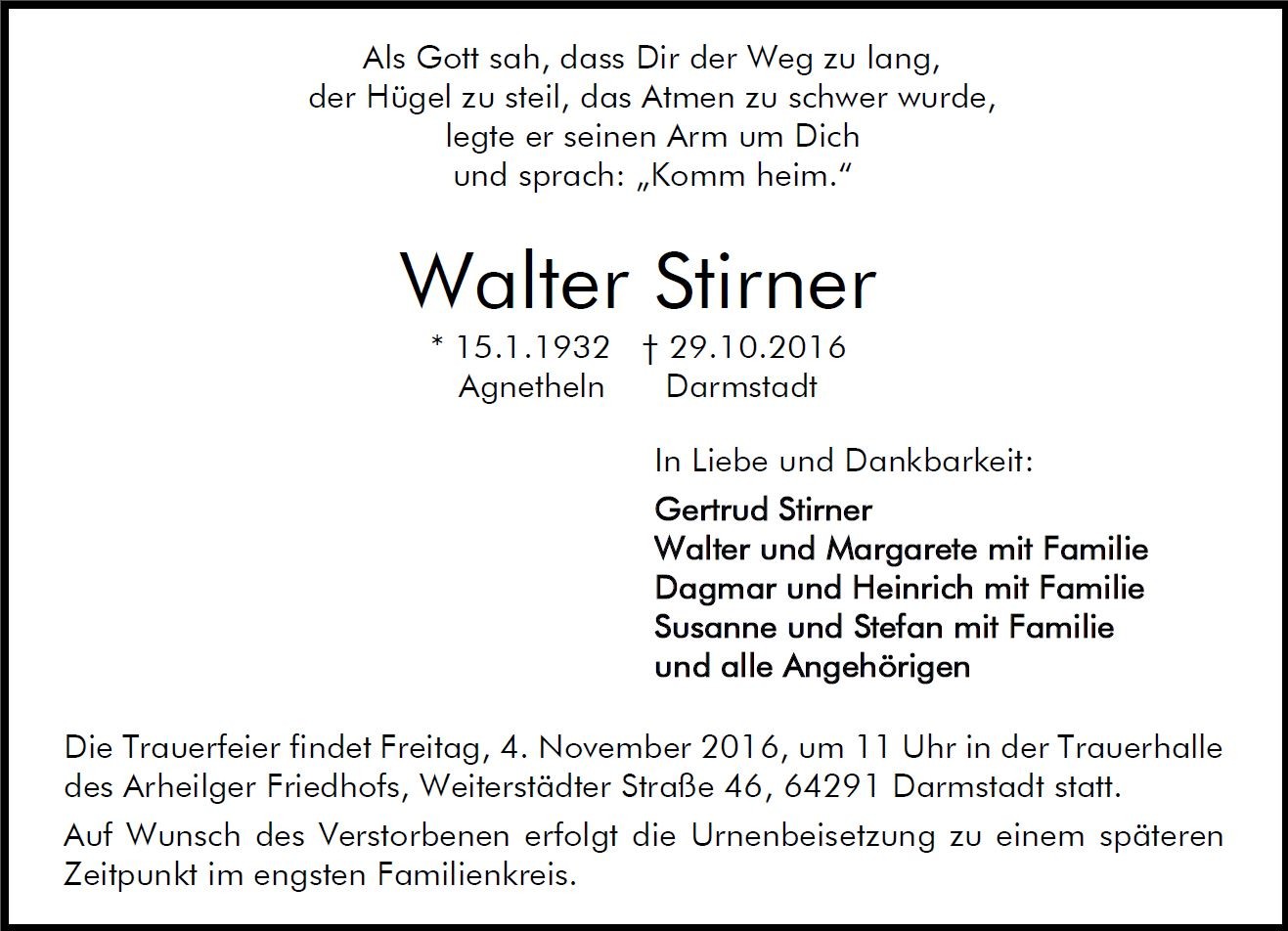 Traueranzeige von Walter Stirner