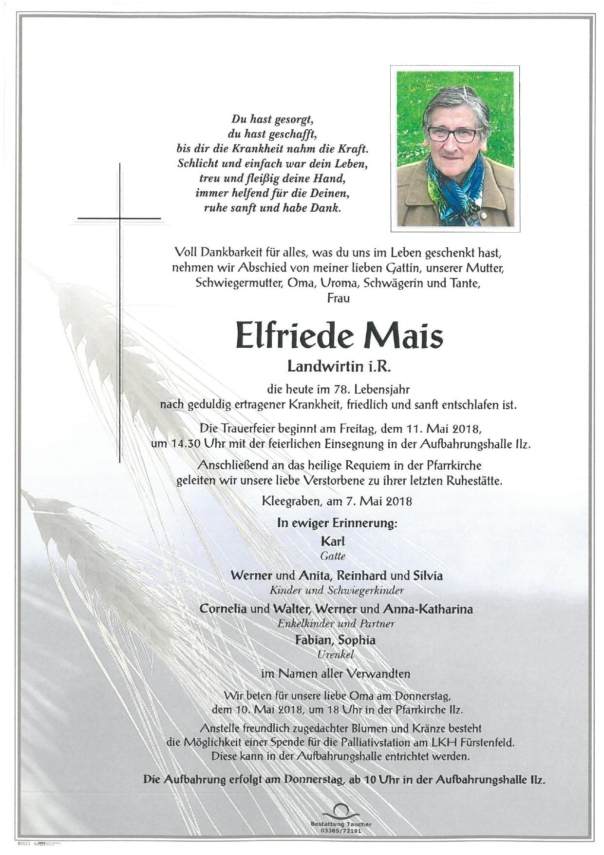 Traueranzeige von Elfriede Mais