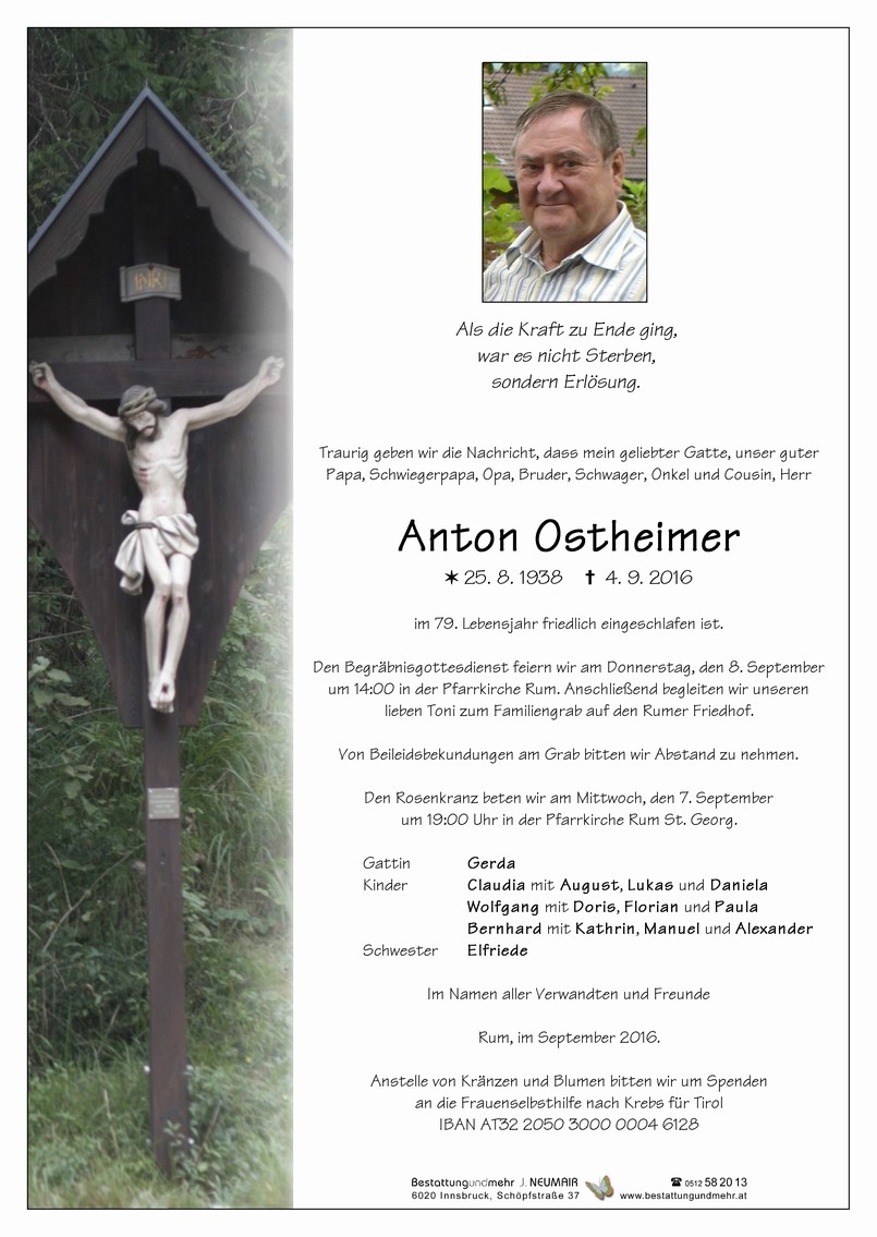 Traueranzeige von Anton Ostheimer