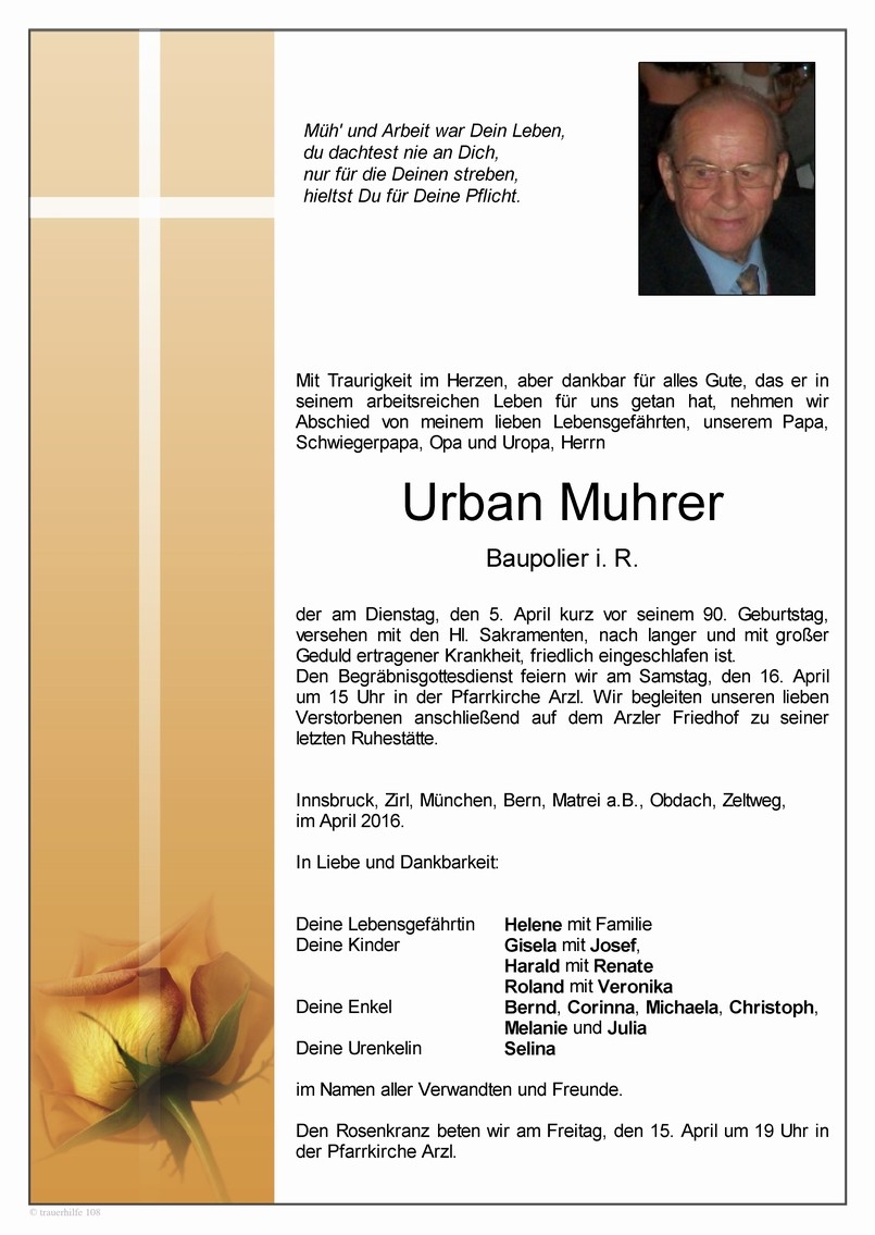 Traueranzeige von Urban Muhrer