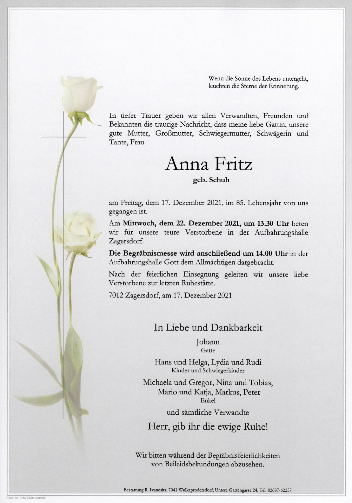 Traueranzeige von Anna Fritz