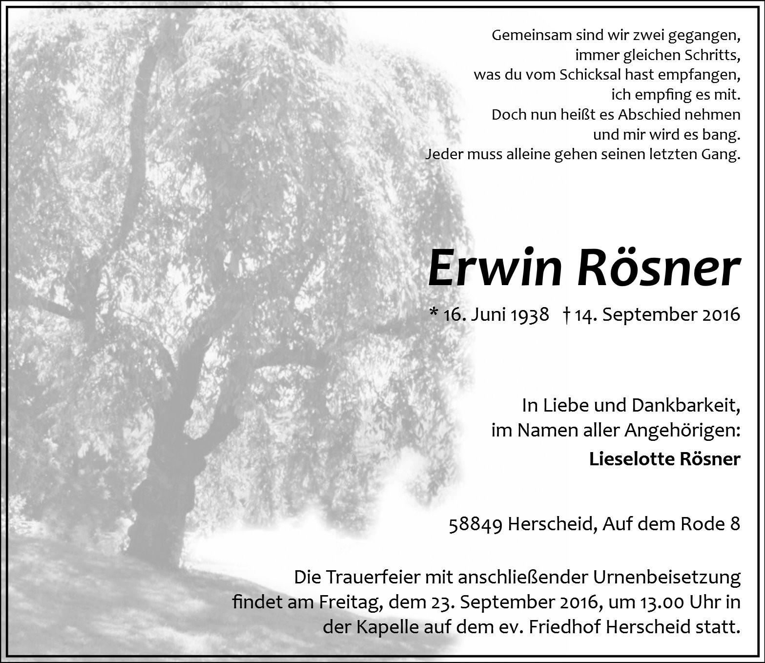 Traueranzeige von Erwin Rösner