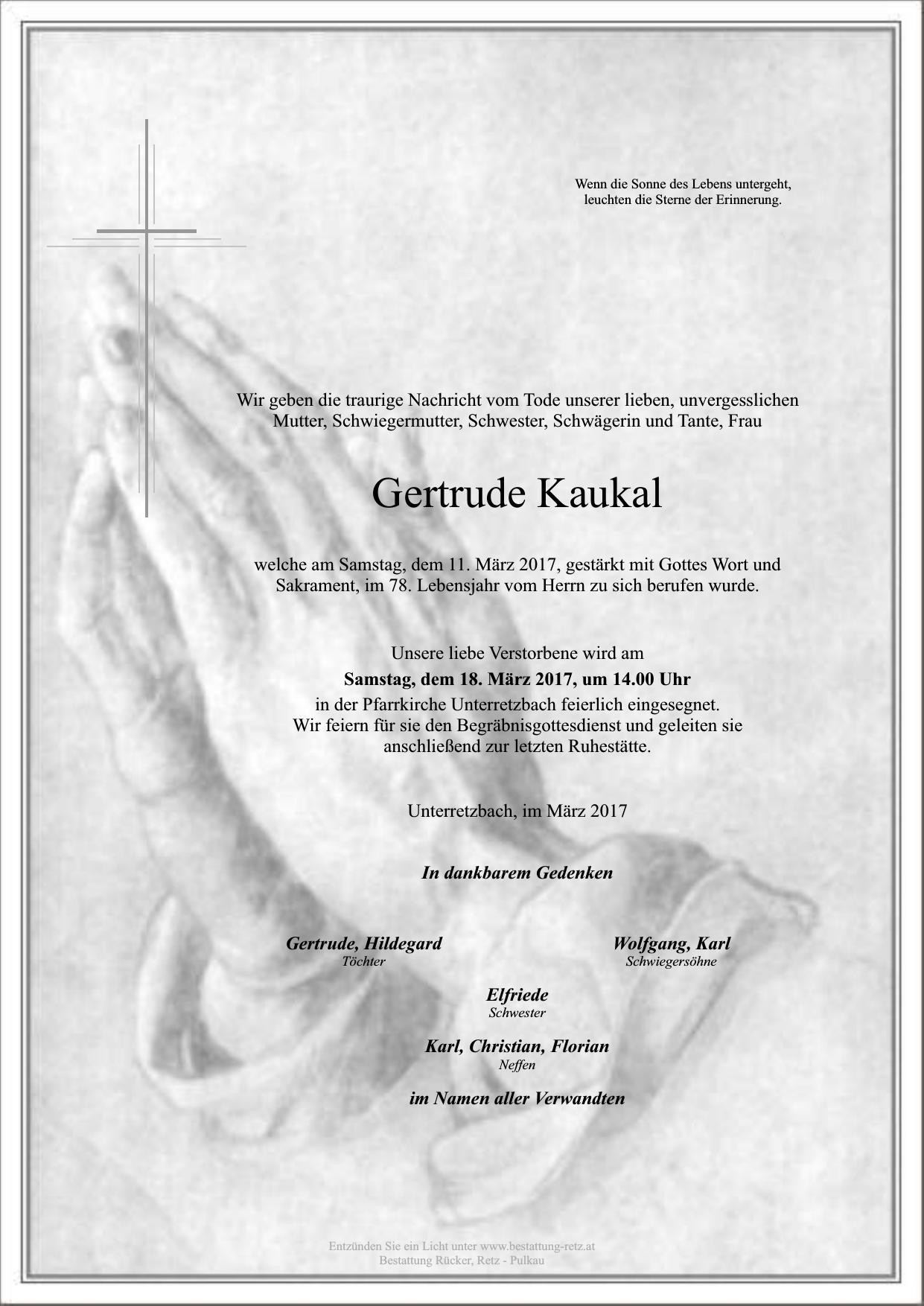 Traueranzeige von Gertrude Kaukal
